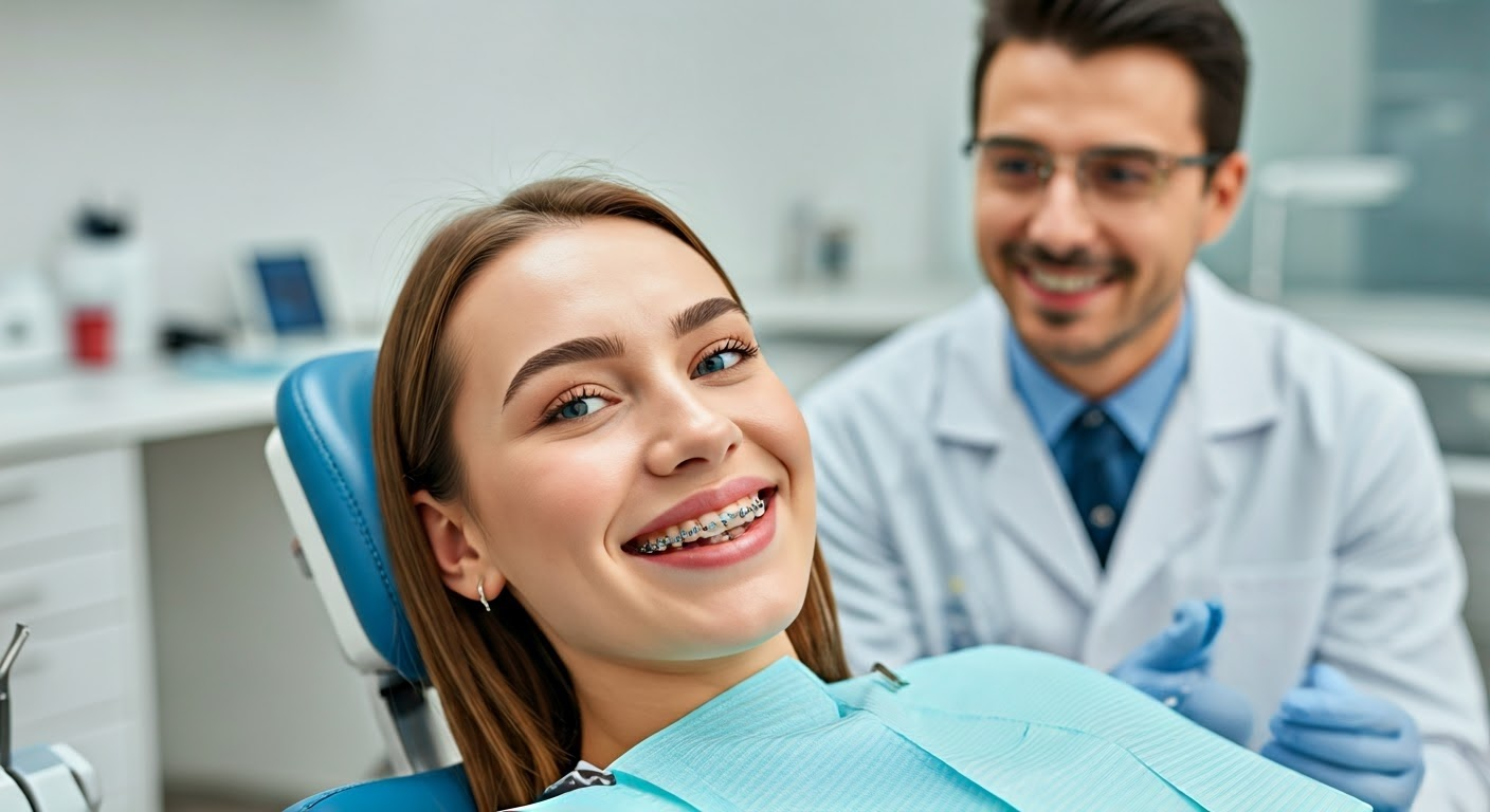 Patient with metal braces and orthodontist.