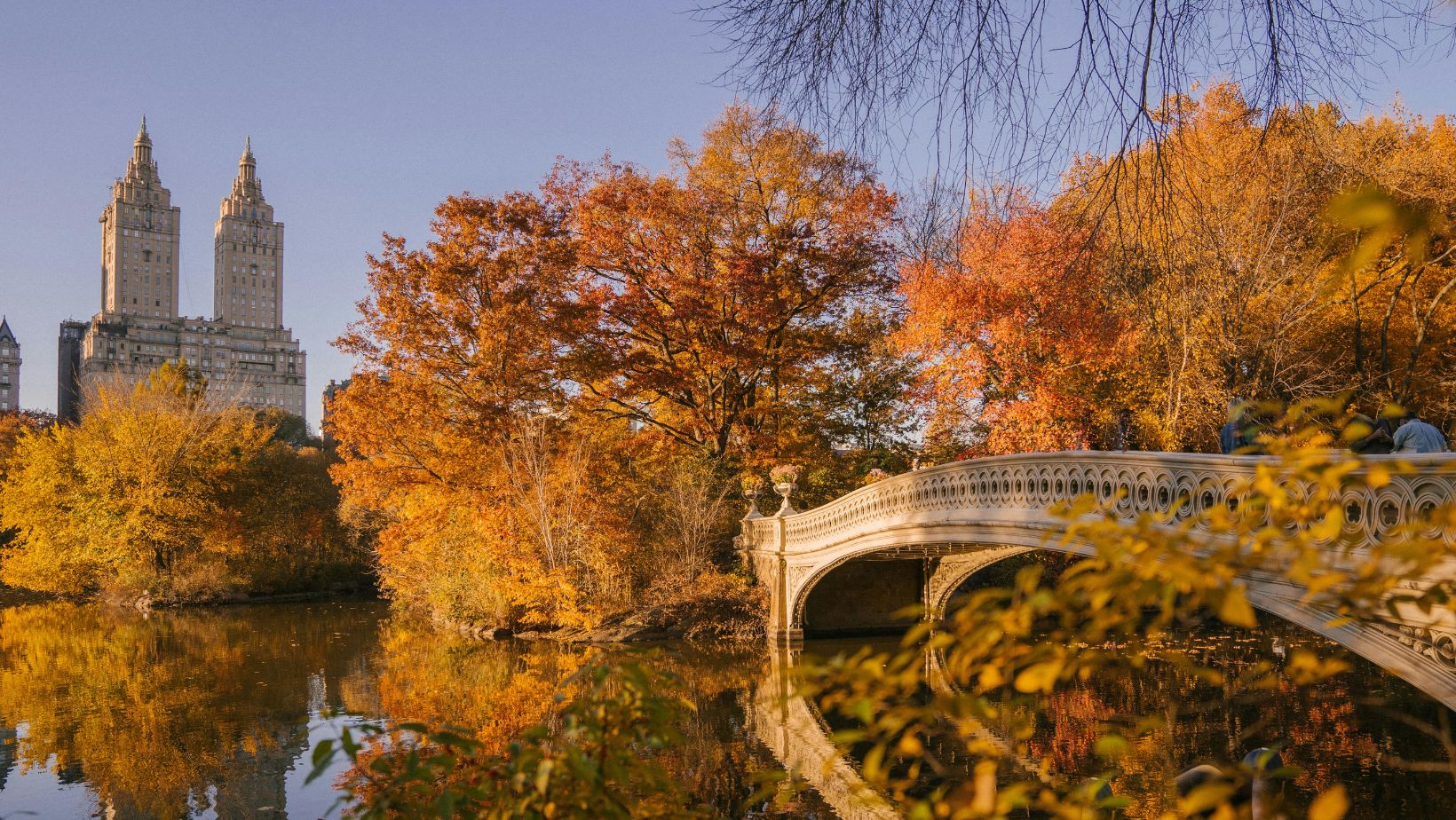 Sky-scrapers and Bow Bridge over water, autumn trees and blue sky