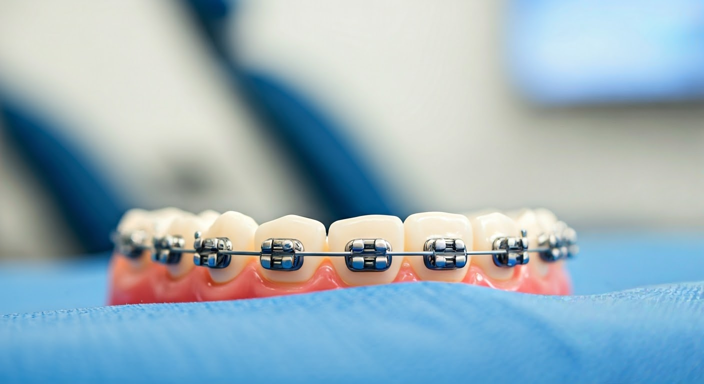 Close-up of metal braces on teeth.